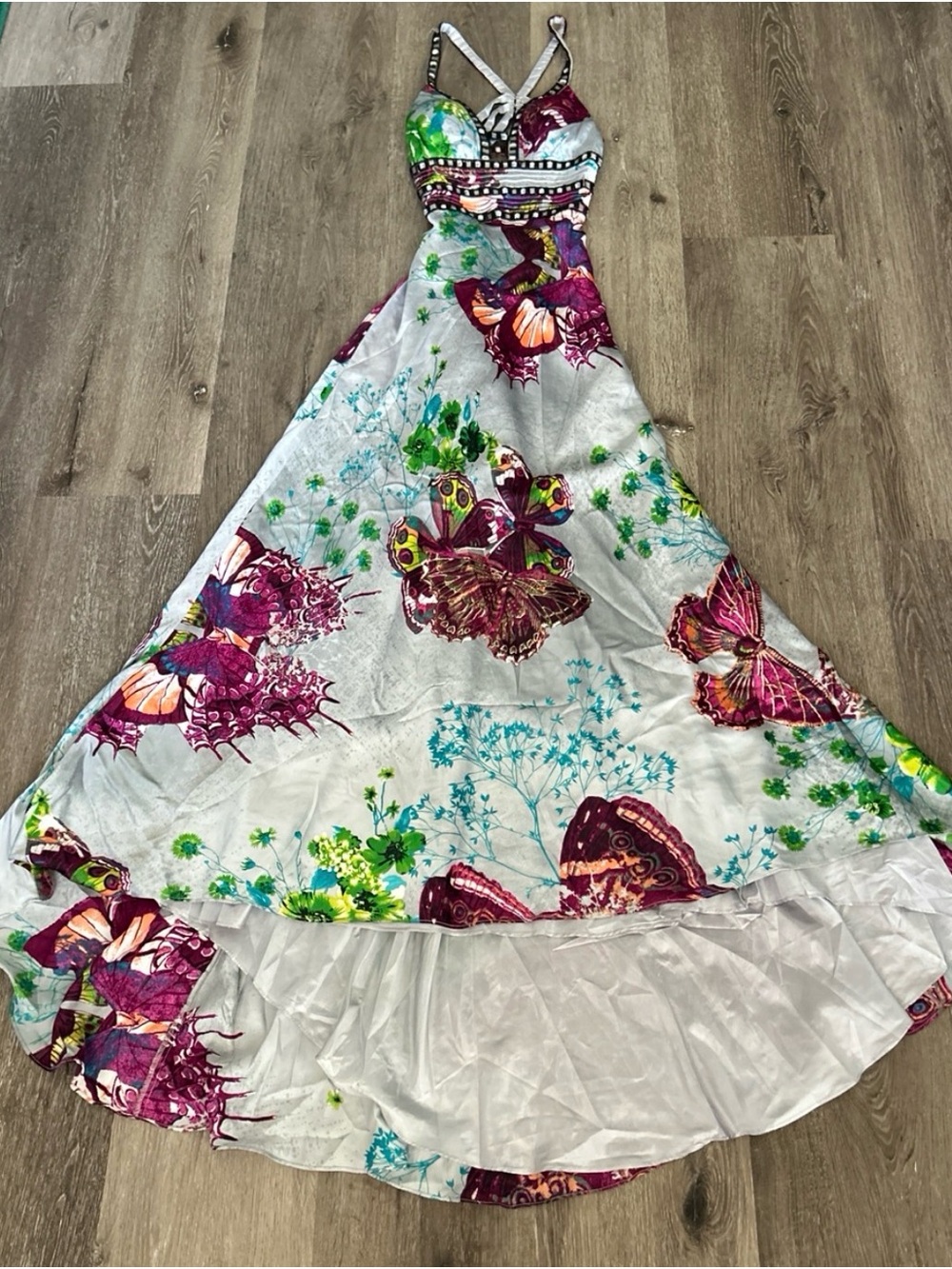 Chicas Floral Butterfly Print Prom Dress in Gray and Purple